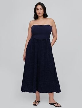 Gap Cotton Gauze Mixed Media Maxi Dress Strapless Navy Blue NWT Size XL